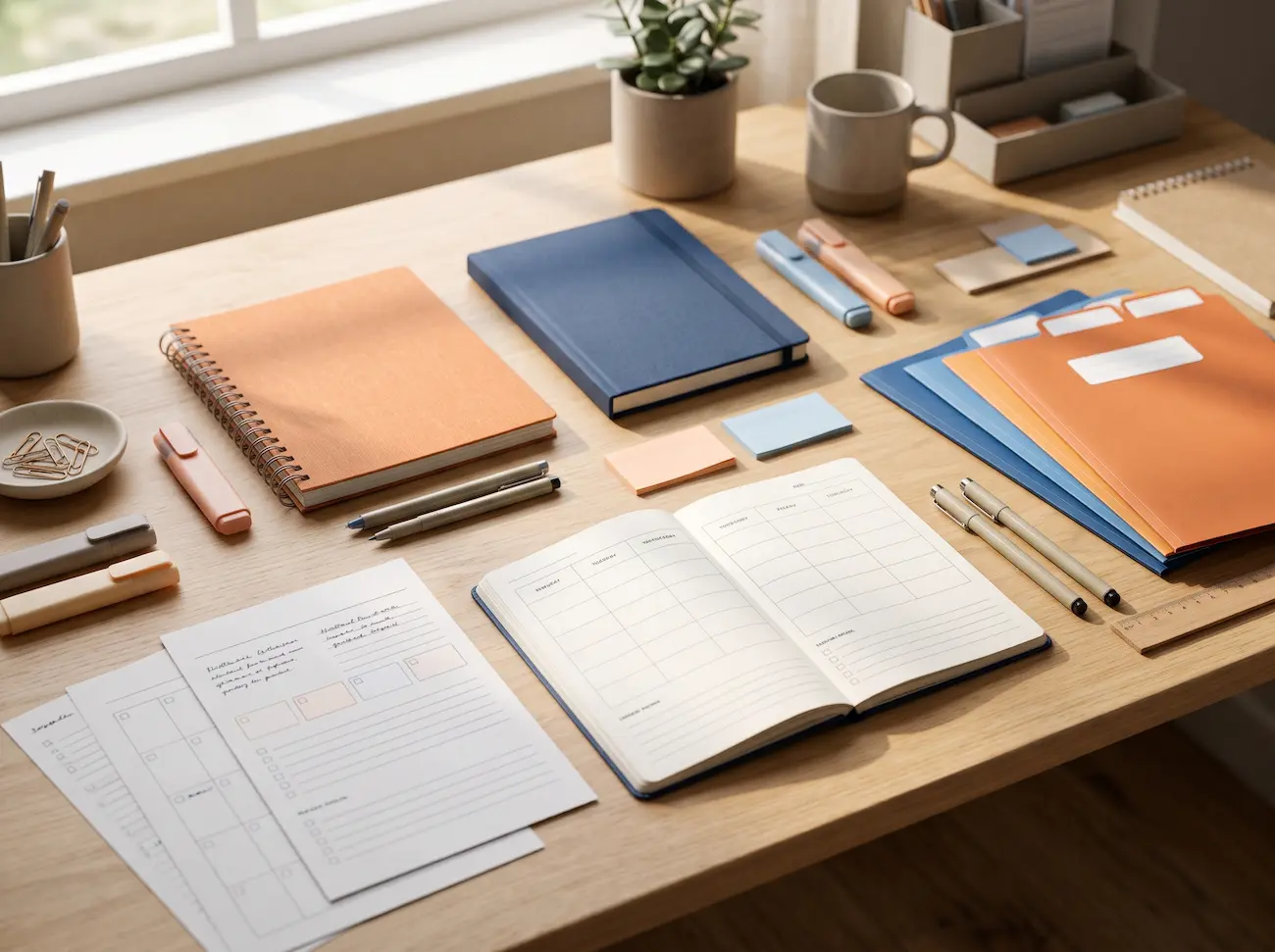 تصميم المحتوى التعليمي الرقمي وتنظيم الدورات التدريبية | AlexApp Desk setup with notebooks, planners, sticky notes, pens, and folders on a wooden table near a window.
